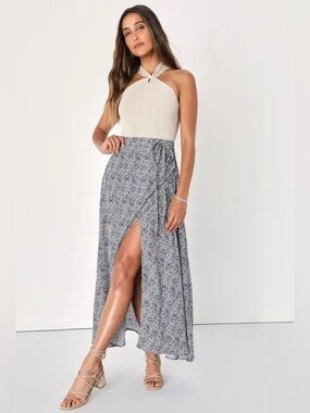 Beautiful Tempest Navy Blue Print Wrap Maxi Skirt size XS